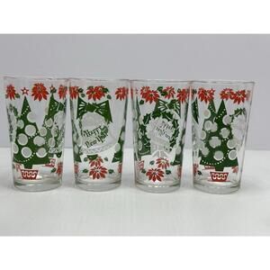 Vintage Hazel Atlas Set Of 4 MCM Glass Merry Christmas New Year Tumblers 1960s